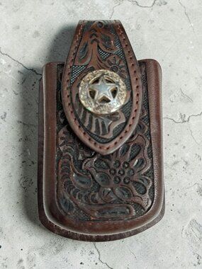 Handtooled Leather Belt Clip Pouch With Star Concho Accent - Western Style Brown